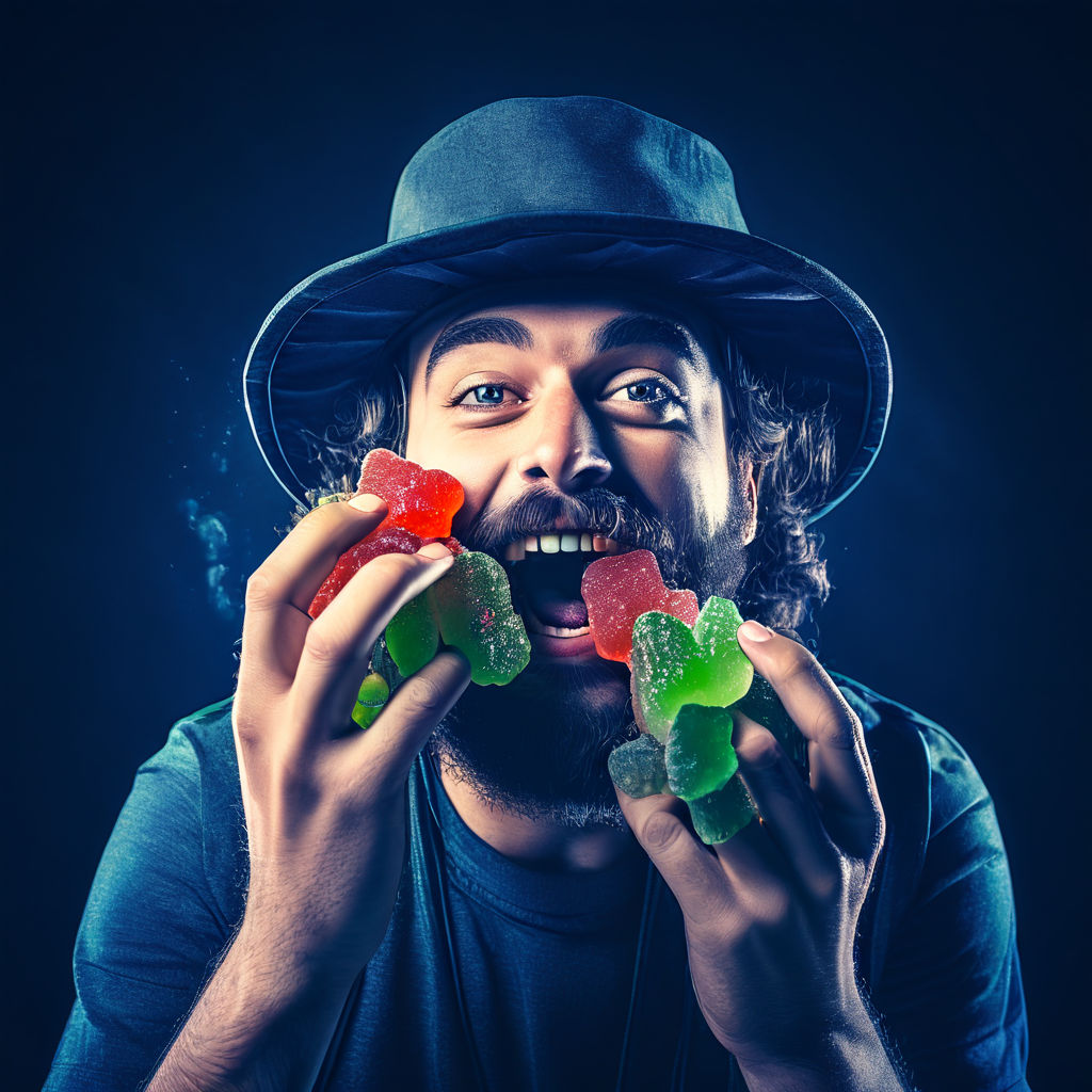 Man holding colorful THC gummy edibles, representing the THC gummy edible revolution.