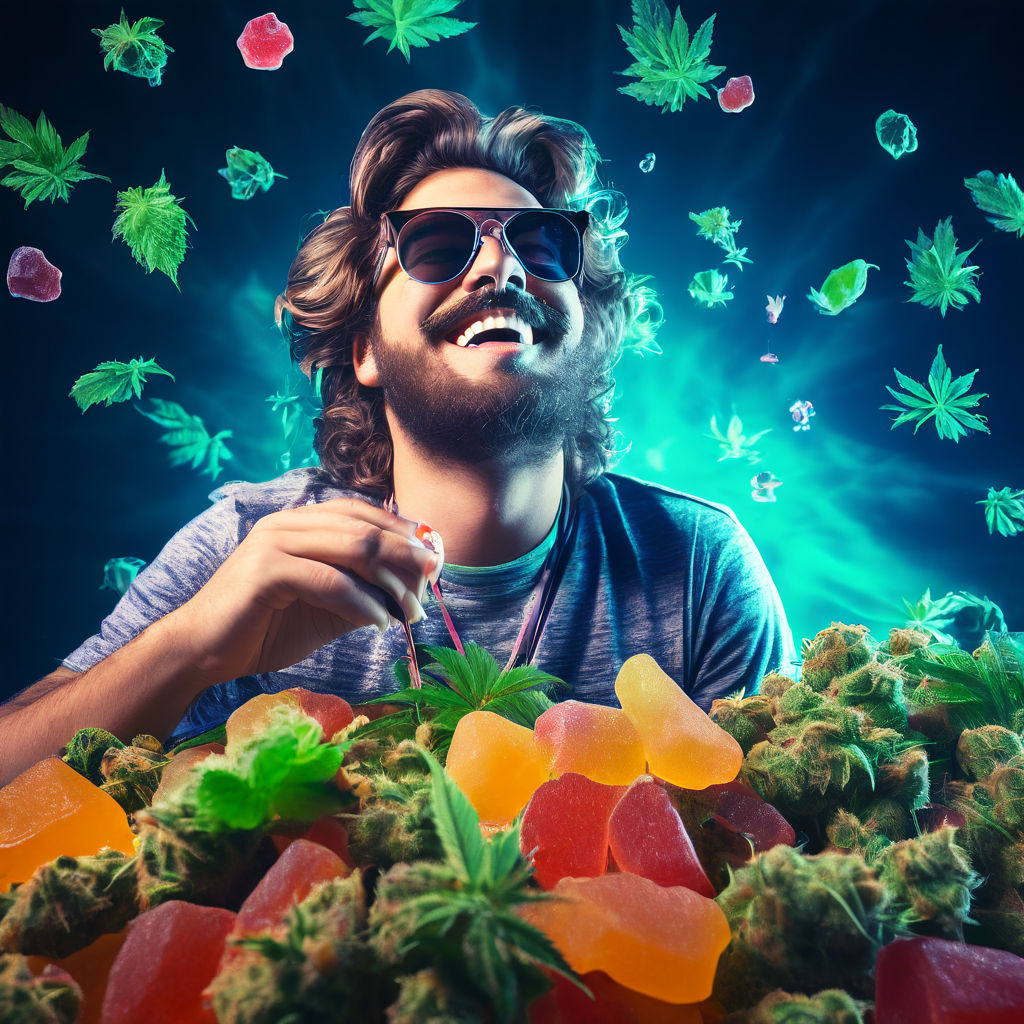 Illustration of a man with sunglasses surrounded by cannabis buds and THC gummies, with floating cannabis leaves in the background.