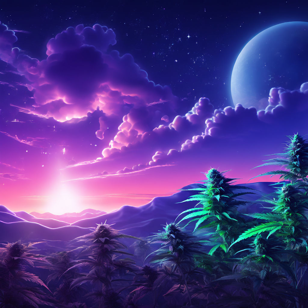 Abstract artwork with night sky and cannabis plants, symbolizing the question does cannabis prevent dreaming.