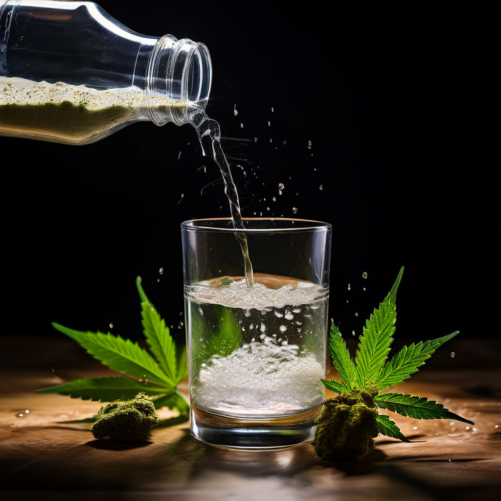 Glass of water with cannabis leaves representing water soluble nano THC drink concept