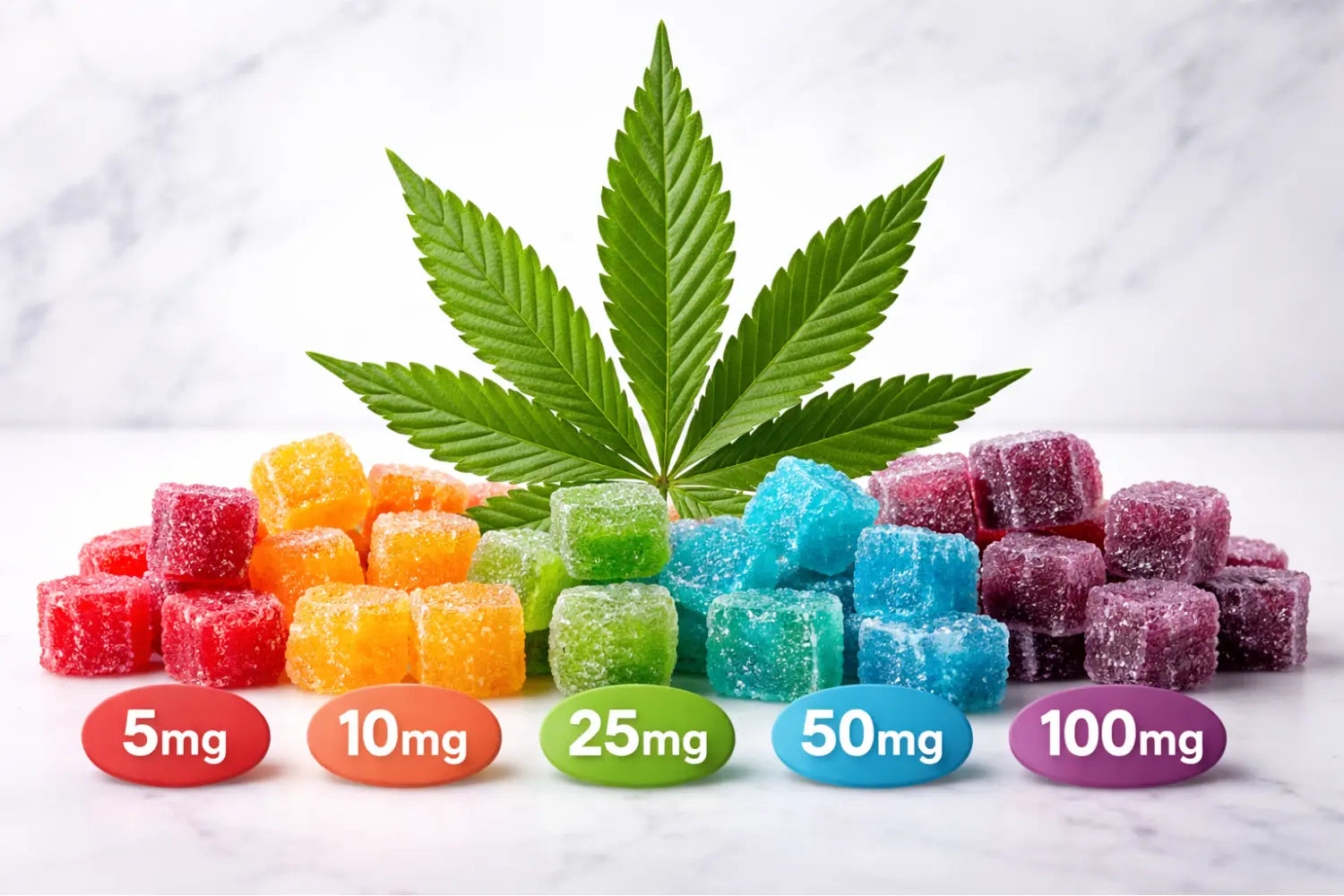 Colorful CBD gummies arranged by strength with a cannabis leaf, representing dose options for anxiety support.
