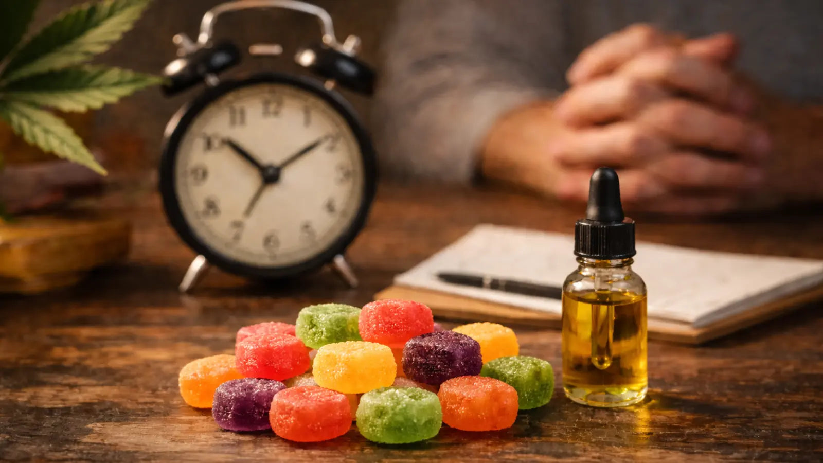 Person sitting with hands together near a clock, representing timing and consistency when using CBD for anxiety support.