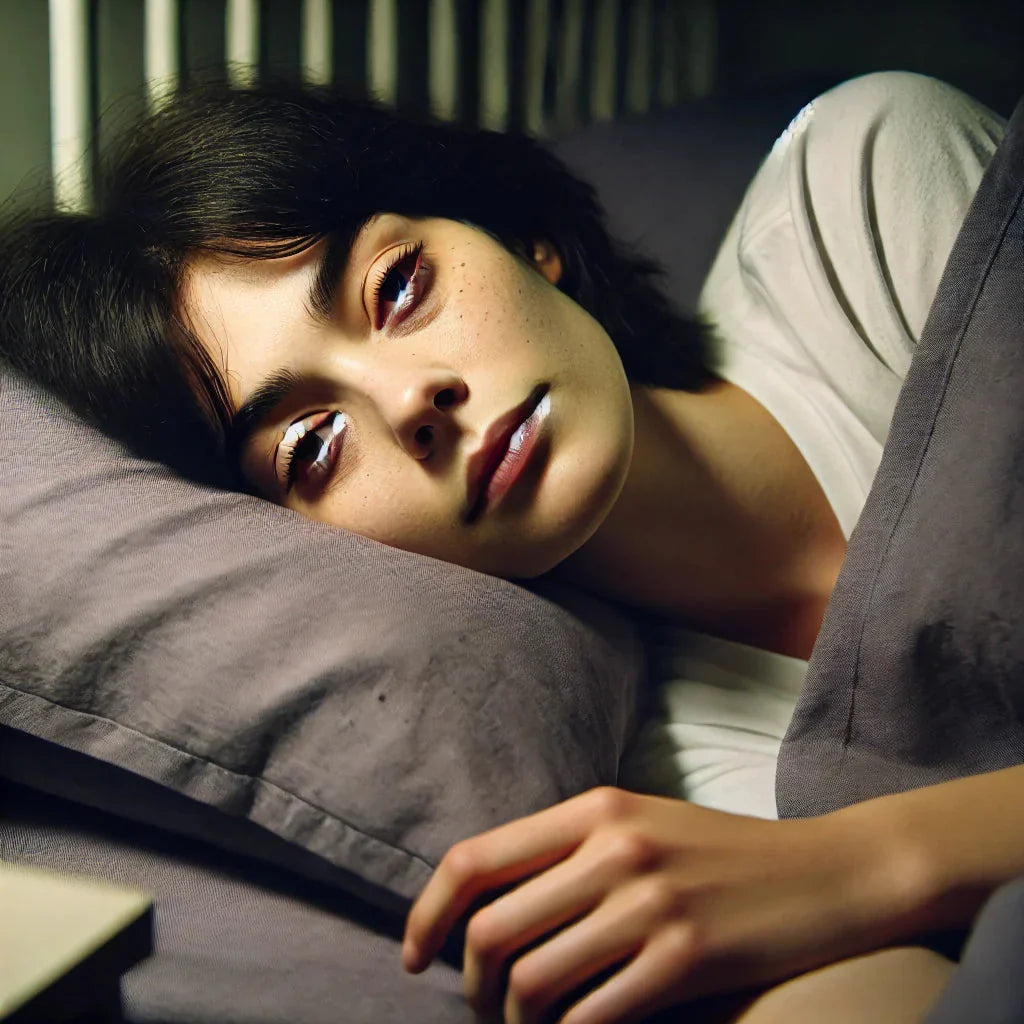 Person lying in bed with blank expression, appearing groggy or disoriented after waking up still high.