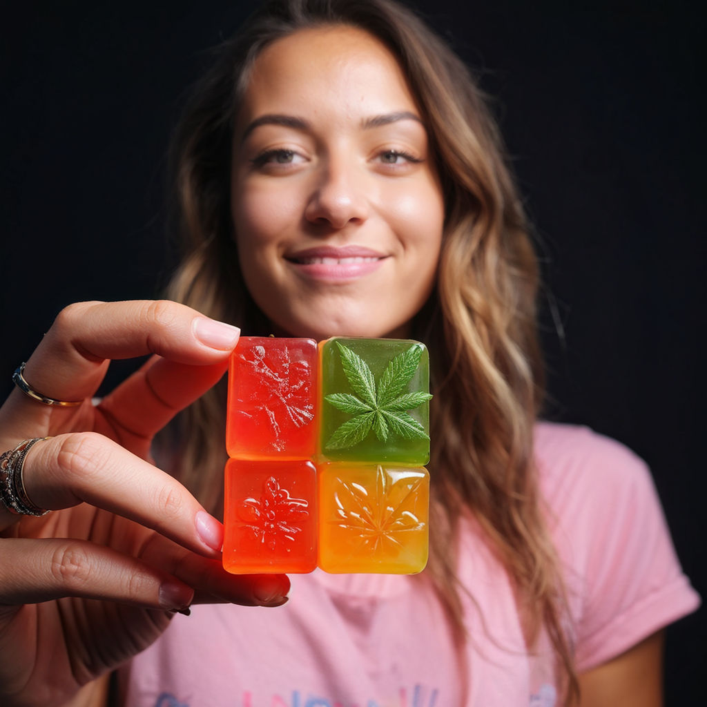 Lady holding colorful Veed Labs THC 25mg gummies