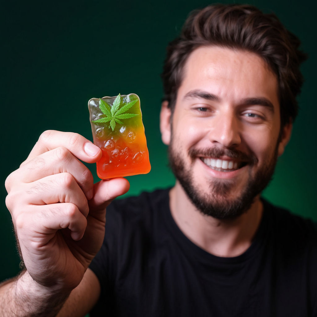 Image representing what a 50MG Edible could feel lik. Man is holding up an AI generated THC Gummy.