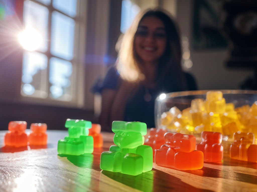 Woman sitting at a table with colorful THC gummies in jars and trays under sunlight