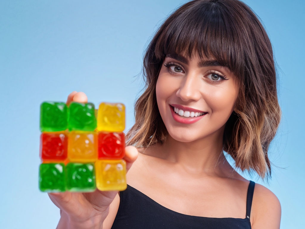 Smiling woman holding colorful THC gummy cubes for buying edibles online guide